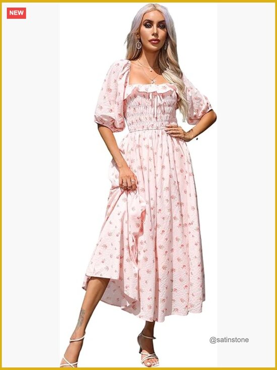 Dresses & Skirts - 100% Cotton Backless A-Line Flowy Midi Dress with Ruffled Neckline